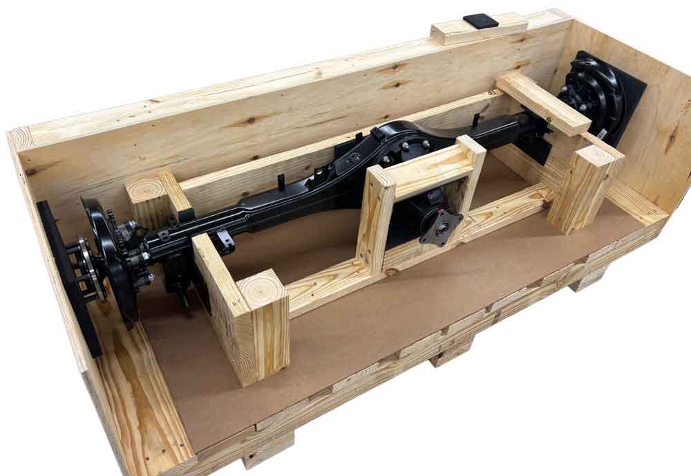 axle-crate The rear axle of an automobile secured in a wood crate