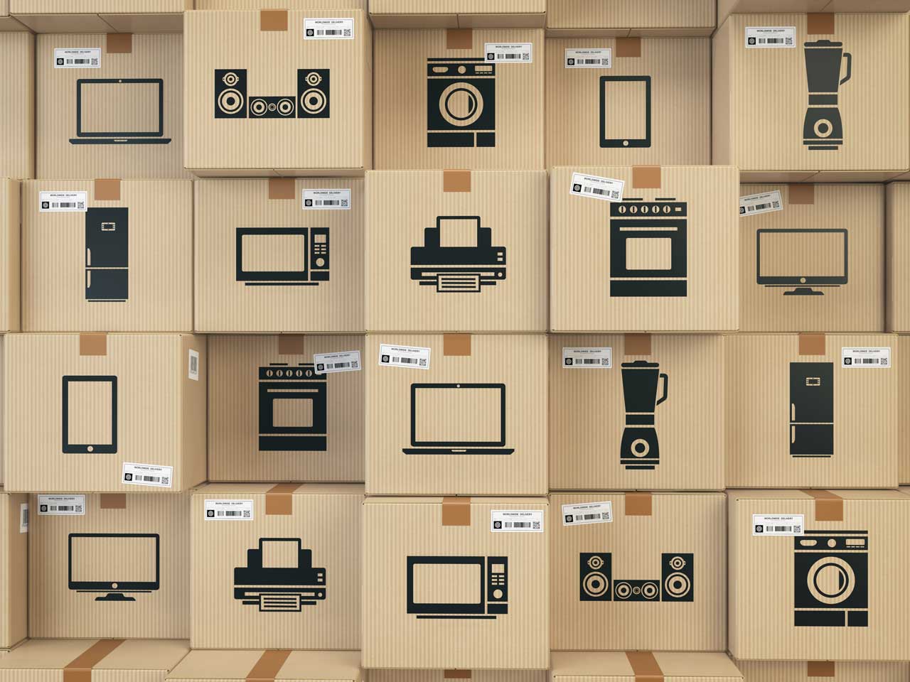 Cardboard boxes stacked on top of one another with labels that show small home appliances are inside.