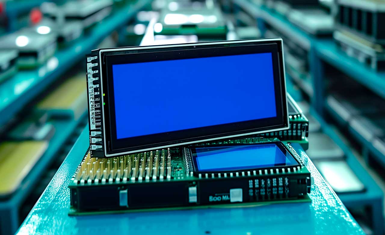 A small LCD screen sits on top of other computer components inside a manufacturing facility.